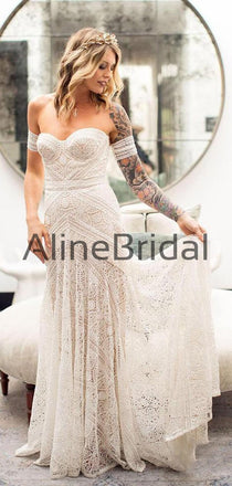 Ivory Lace Strapless Boho Beach Wedding Dresses, AB1530