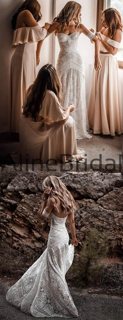 Ivory Lace Strapless Boho Beach Wedding Dresses, AB1530