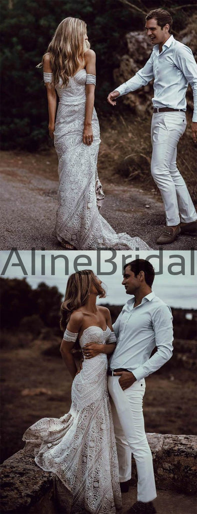 Ivory Lace Strapless Boho Beach Wedding Dresses, AB1530