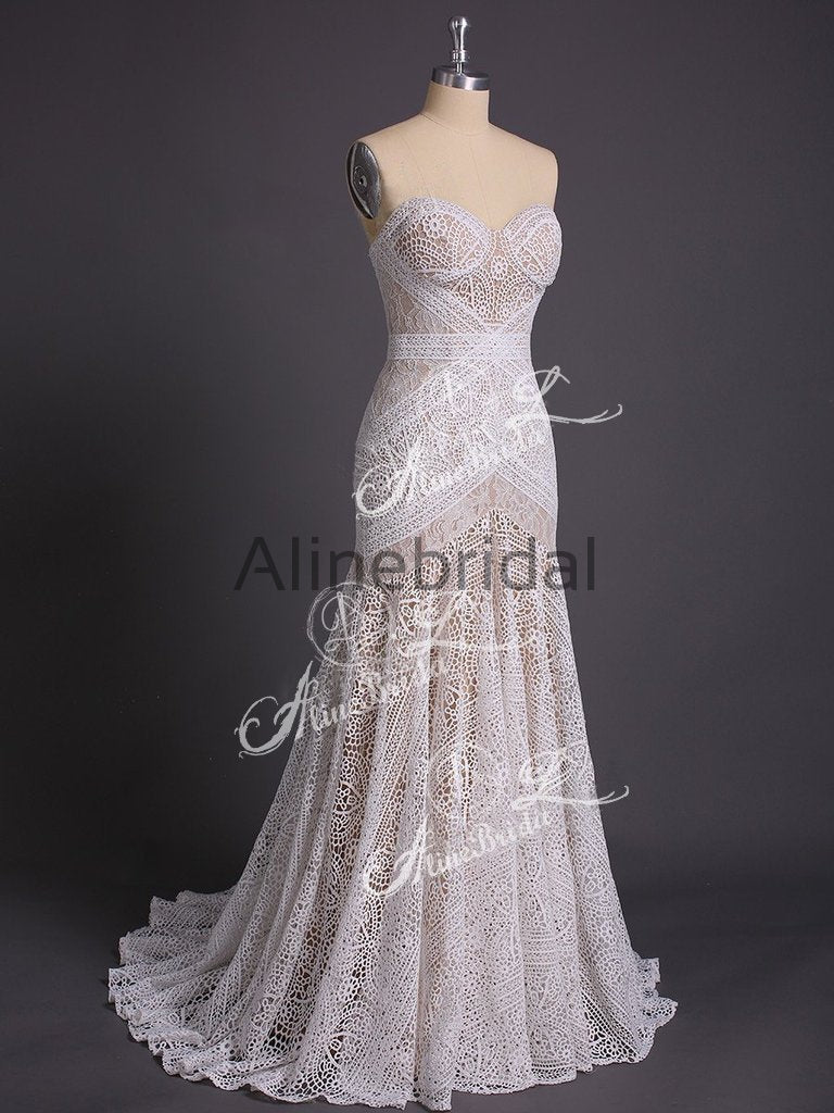 Ivory Lace Strapless Boho Beach Wedding Dresses, AB1530 AlineBridal Ivory Lace Strapless Boho Beach Wedding Dresses, AB1530 AlineBridal