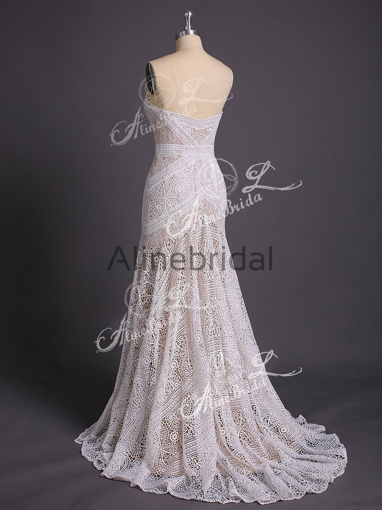 Ivory Lace Strapless Boho Beach Wedding Dresses, AB1530