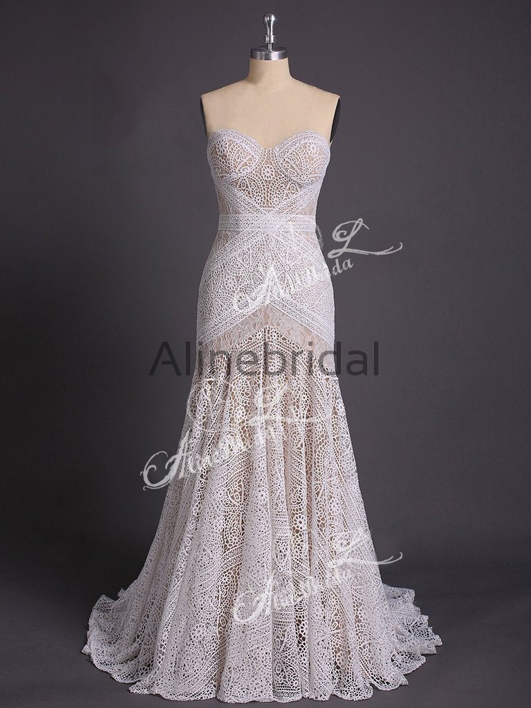 Ivory Lace Strapless Boho Beach Wedding Dresses, AB1530