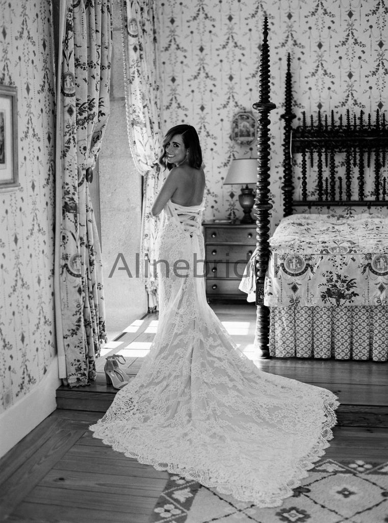 Ivory Lace Sweetheart Strapless Lace Up Back Mermaid Wedding Dresses , AB1526
