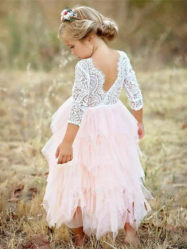 blush pink girl dress Ivory Lace Top Blush Pink Ruffle Tulle Half Sleeve Flower Girl Dresses – AlineBridal