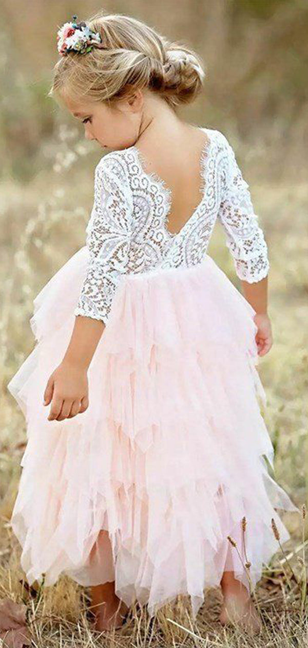 Ivory Lace Top Blush Pink Ruffle Tulle Half Sleeve Flower Girl Dresses AlineBridal Ivory Lace Top Blush Pink Ruffle Tulle Half Sleeve Flower Girl Dresses AlineBridal