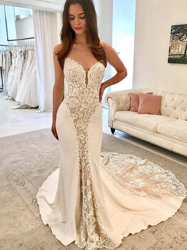 Ivory Satin Gorgeous Lace Spaghetti Strap With Nude Lining Vintage Wed –  AlineBridal