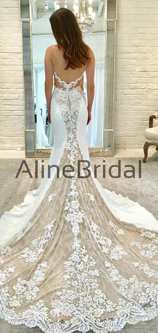 Ivory Satin Gorgeous Lace Spaghetti Strap With Nude Lining Vintage Wed –  AlineBridal