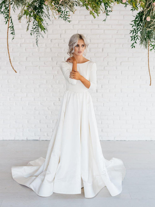 Ivory Satin Long Sleeve Scoop Back A-line Wedding Dresses, AB1548