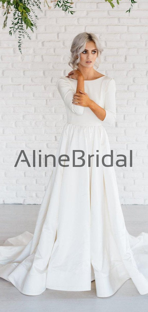 blue dress for baby girl A-line Satin Modest Wedding Dress with Long Sleeves – loveangeldress main image 1