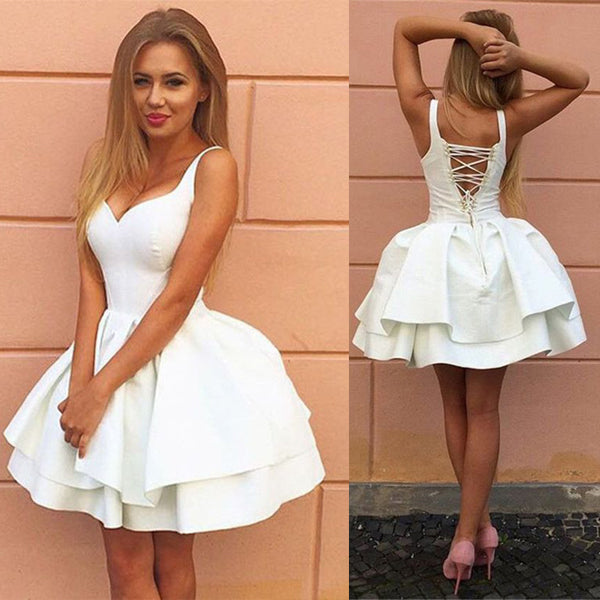 Ivory Satin Sleeveless Tiered Ball Gown Lace Up Back Simple Homecoming Dresses ,BD0078