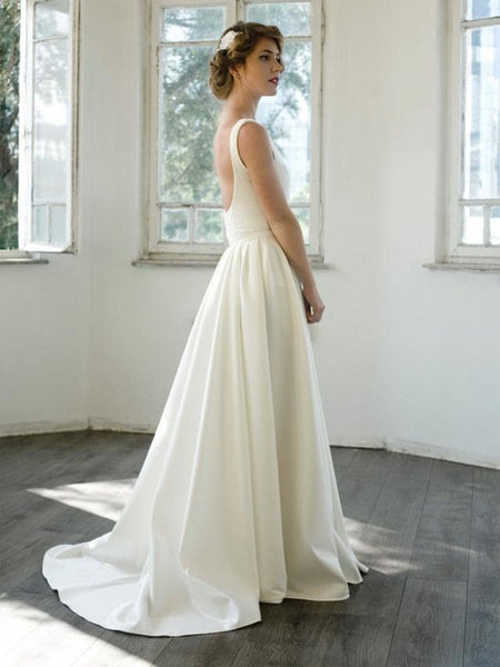 Ivory Satin V-neck Scoop Back A-line Simple Wedding Dresses, AB1557 – AlineBridal