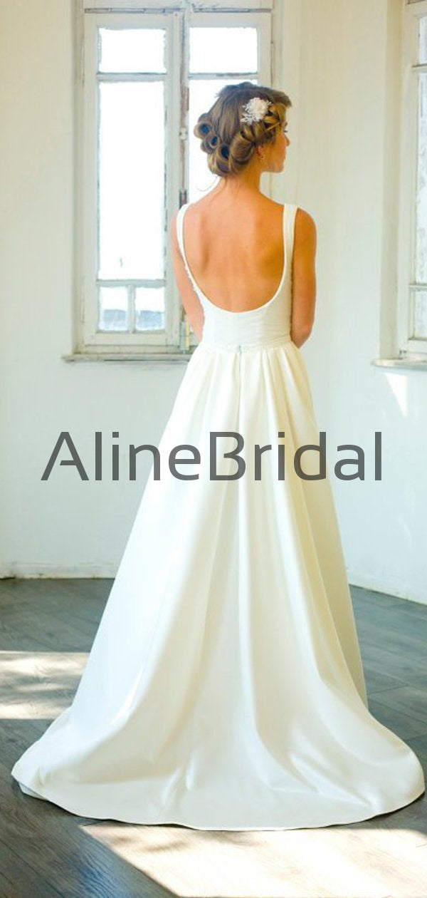 simple wedding dress backless Simple Mermaid Scoop Neck Backless Satin Wedding Dresses