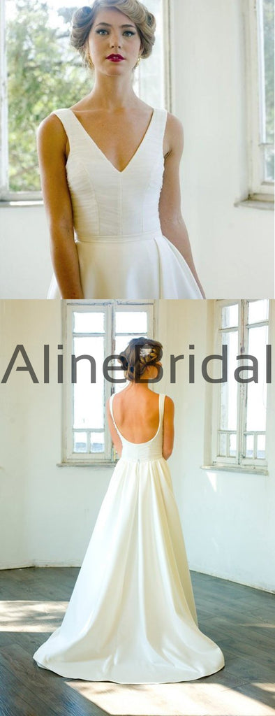 Ivory Satin V-neck Scoop Back A-line Simple Wedding Dresses, AB1557