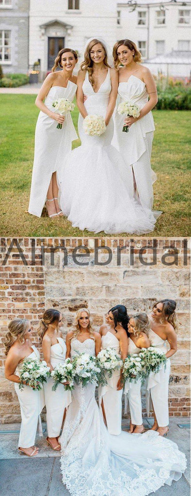 Ivory Silt Fashion Unique Strapless Ankle Length Sheath Bridesmaid Dresses , AB4033