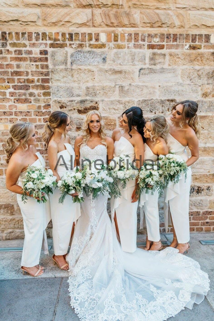 Ivory Silt Fashion Unique Strapless Ankle Length Sheath Bridesmaid Dresses , AB4033