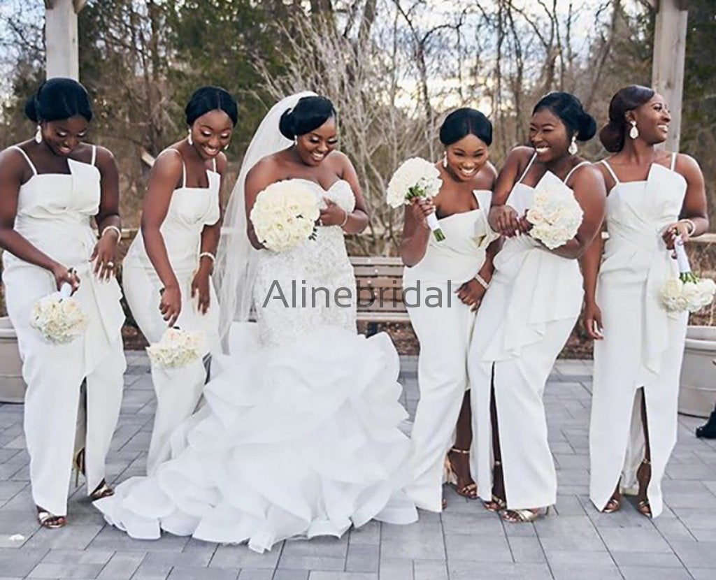 Ivory Spaghetti Strap Unique Sheath Front Silt Bridesmaid Dresses AB4 AlineBridal