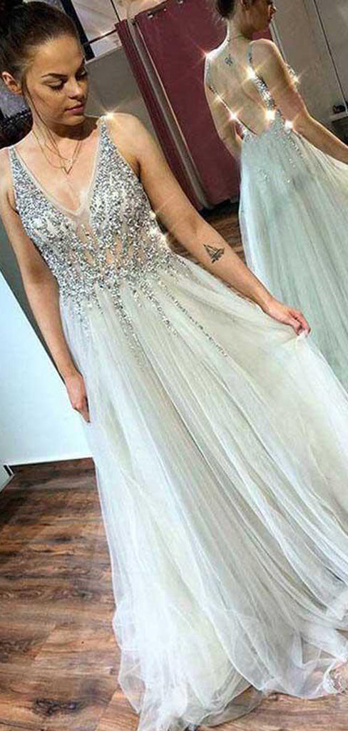 Ivory Tulle Sequin Beads V-neck Backless Prom Dresses,PD00365