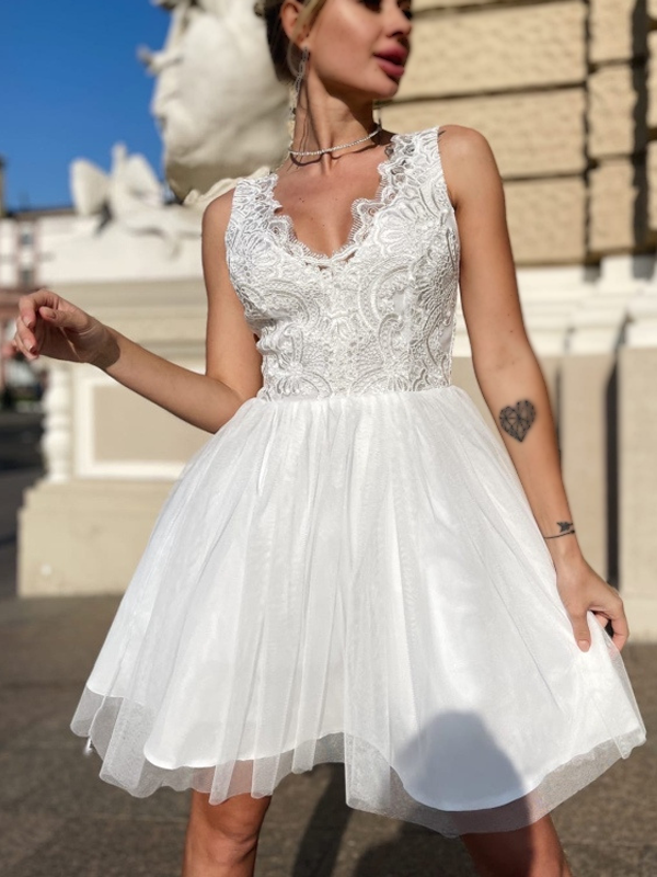 Homecoming Dress Lace Bodice Spaghetti Straps V Neck Mini Party Dress –  Pgmdress