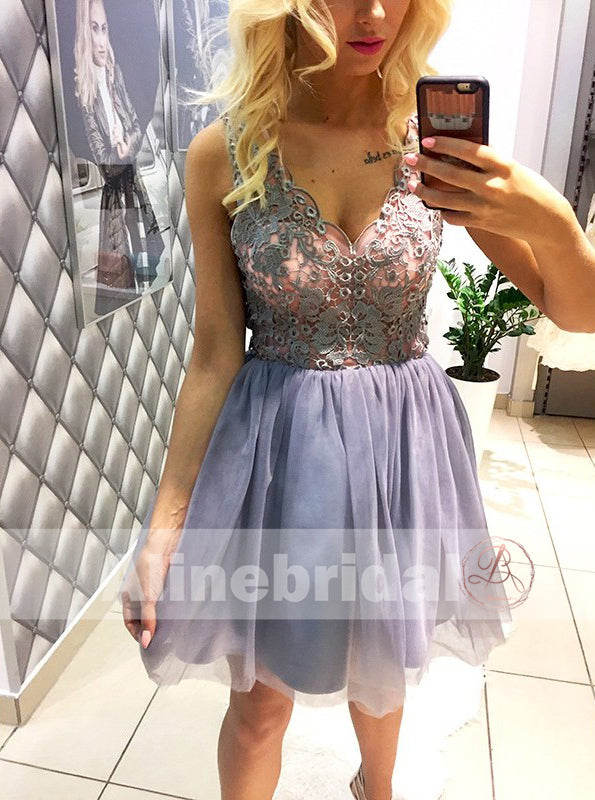 Lavender Lace Top Tulle V-neck Sleeveless Homecoming Dresses For Teens,BD00237