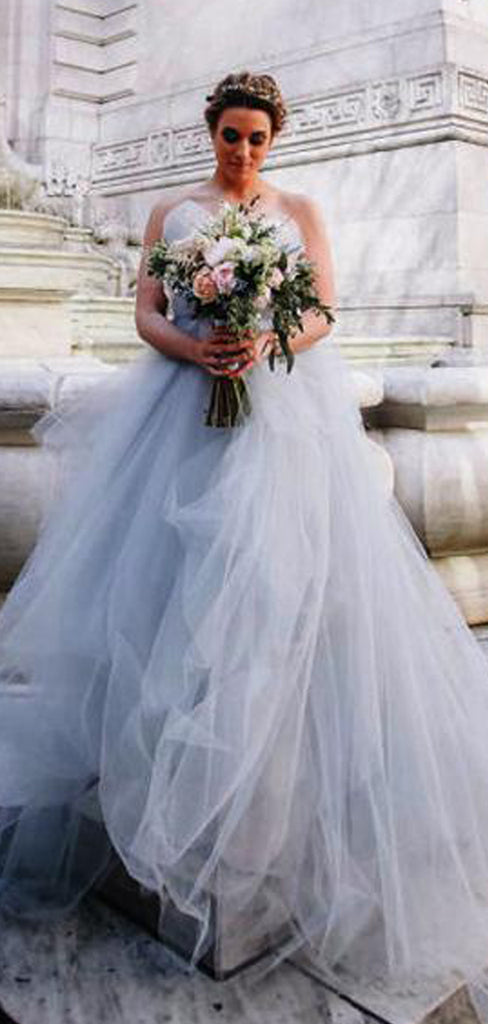 Light Grey Tulle Ruffles Strapless Ball Gown Simple Wedding Dresses, AB1110