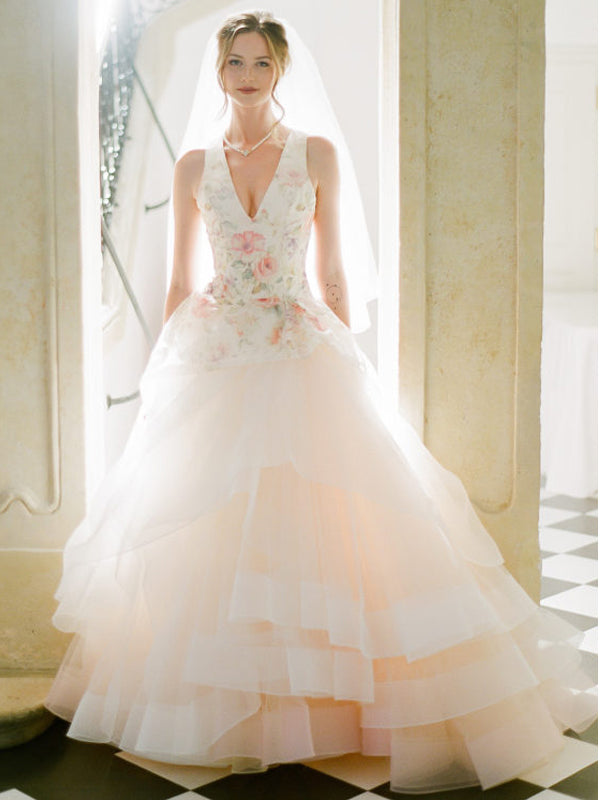 Light Pink Organza Floral Prints Ball Gown Spring Wedding Dresses, AB1527