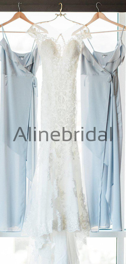 Light Blue Chiffon Spaghetti Strap High Low Bridesmaid Dresses, AB4120