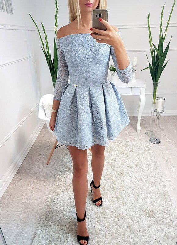 Light Blue Lace Off Shoulder Long Sleeve Simple Homecoming Dresses,BD0 AlineBridal Light Blue Lace Off Shoulder Long Sleeve Simple Homecoming Dresses,BD0 AlineBridal