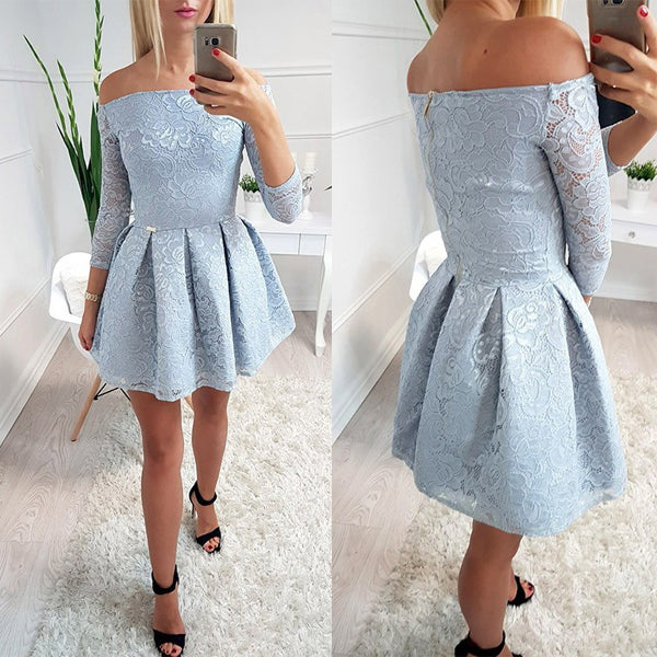 Light Blue Lace Off Shoulder Long Sleeve Simple Homecoming Dresses,BD0001