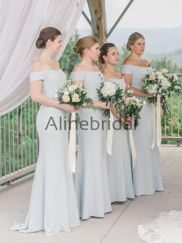 Light Blue Off Shoulder Mermaid Long Bridesmaid Dresses , AB4128
