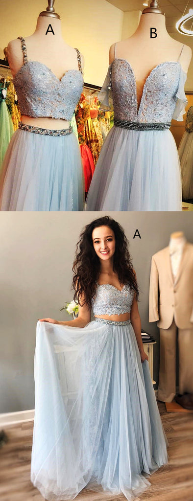 Light Blue Spaghetti Strap Mismatched Lace Chiffon Prom Dresses ,PD00124