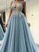 Light Blue Tulle Applique Open Back Sleeveless Prom Dresses ,PD00196