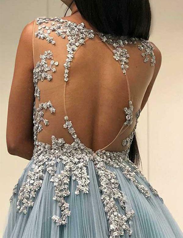 Light Blue Tulle Applique Open Back Sleeveless Prom Dresses ,PD00196 AlineBridal Light Blue Tulle Applique Open Back Sleeveless Prom Dresses ,PD00196 AlineBridal