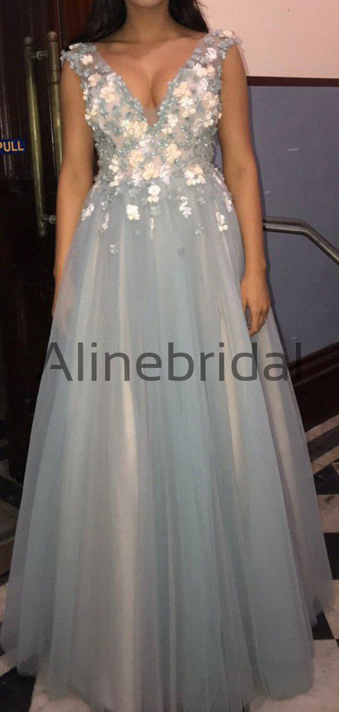 Light Blue Tulle Handmade Flower Aplique Country Wedding Bridesmaid Dresses, AB4078