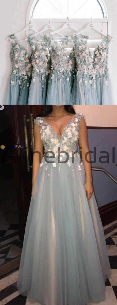 Light Blue Tulle Handmade Flower Aplique Country Wedding Bridesmaid Dresses, AB4078