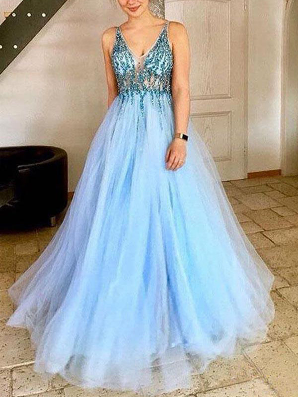 Light Blue Tulle Sequin Beads V-neck Backless Prom Dresses,PD00363 AlineBridal Light Blue Tulle Sequin Beads V-neck Backless Prom Dresses,PD00363 AlineBridal