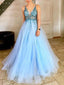 Light Blue Tulle Sequin Beads V-neck Backless Prom Dresses,PD00363