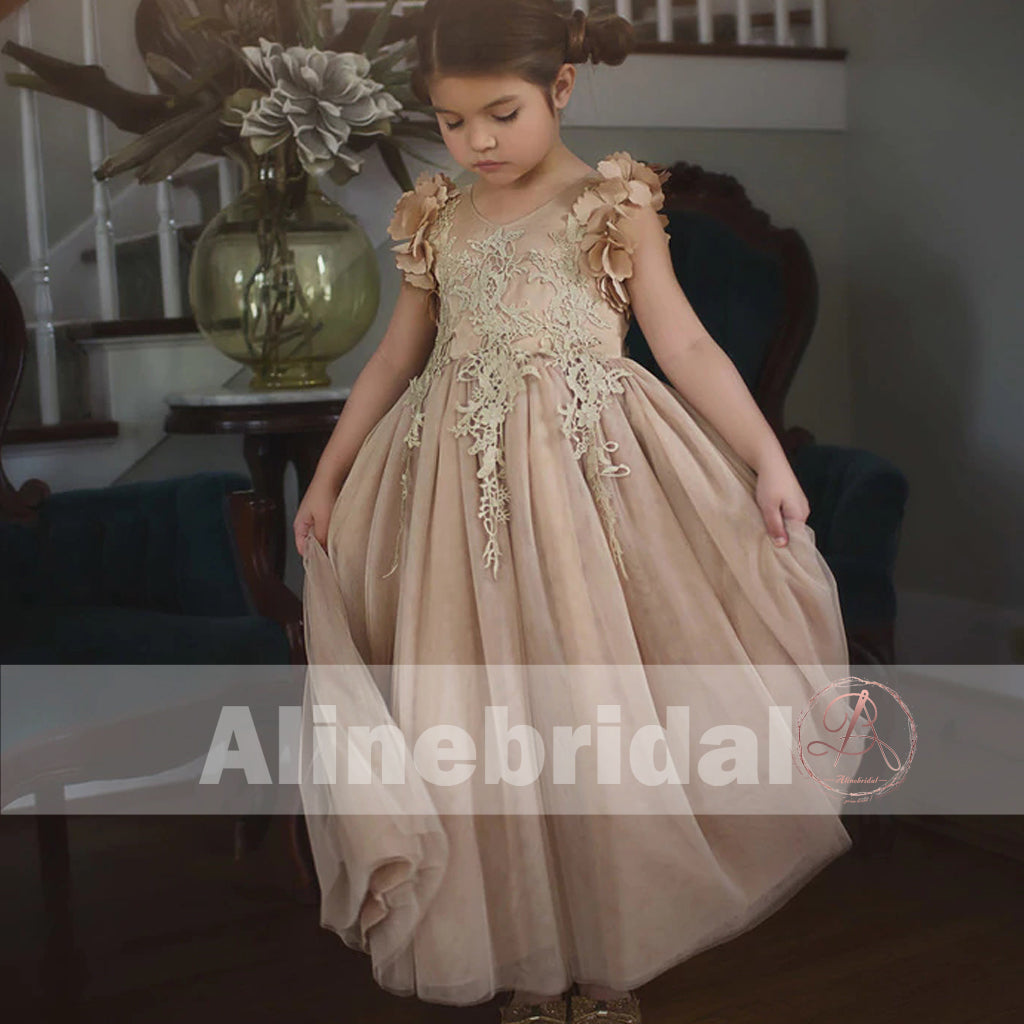 Light Brown Appliques Tulle Pretty Sleeveless Long Flower Girl Dresses, FGS069