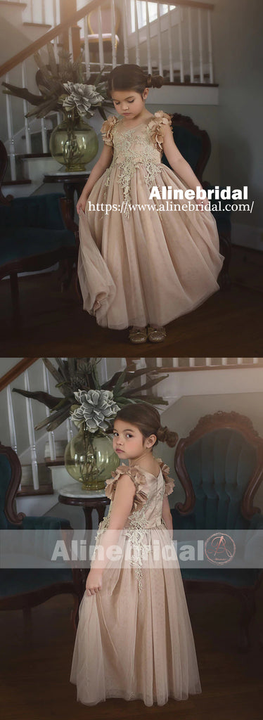 Light Brown Appliques Tulle Pretty Sleeveless Long Flower Girl Dresses, FGS069