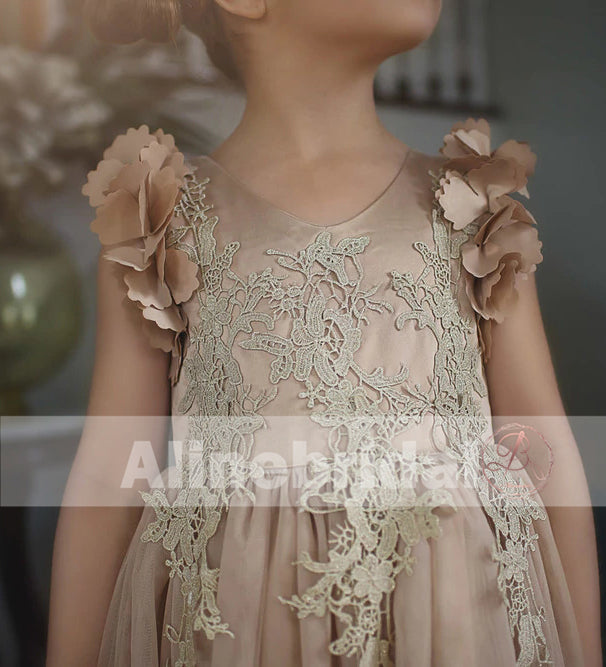 Light Brown Appliques Tulle Pretty Sleeveless Long Flower Girl Dresses, FGS069