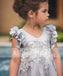 Light Grey Appliques Tulle Pretty Sleeveless Short Flower Girl Dresses, FGS078