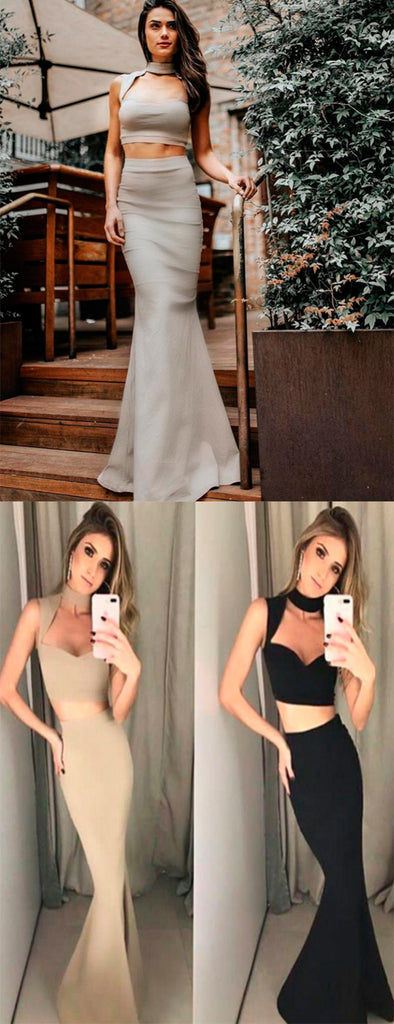 Light Grey Jersey High Neck Halter Two Piece Mermaid Prom Dresses,PD00334