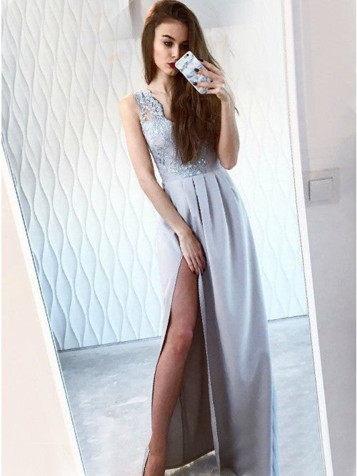 Light Grey Lace Satin Sleeveless V-neck High Side Splits Long Prom Dresses ,PD0136