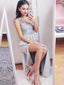 Light Grey Lace Satin Sleeveless V-neck High Side Splits Long Prom Dresses ,PD0136