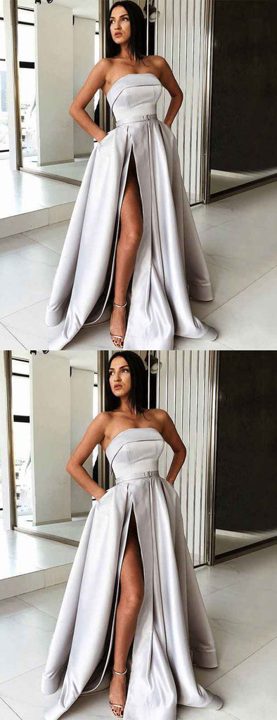 Light Grey Satin Strapless Pockets Fashion Prom Dresses.PD00237
