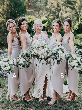 Light Grey Spaghetti Strap High Low Summer Wedding Bridesmaid Dresses, AB4108