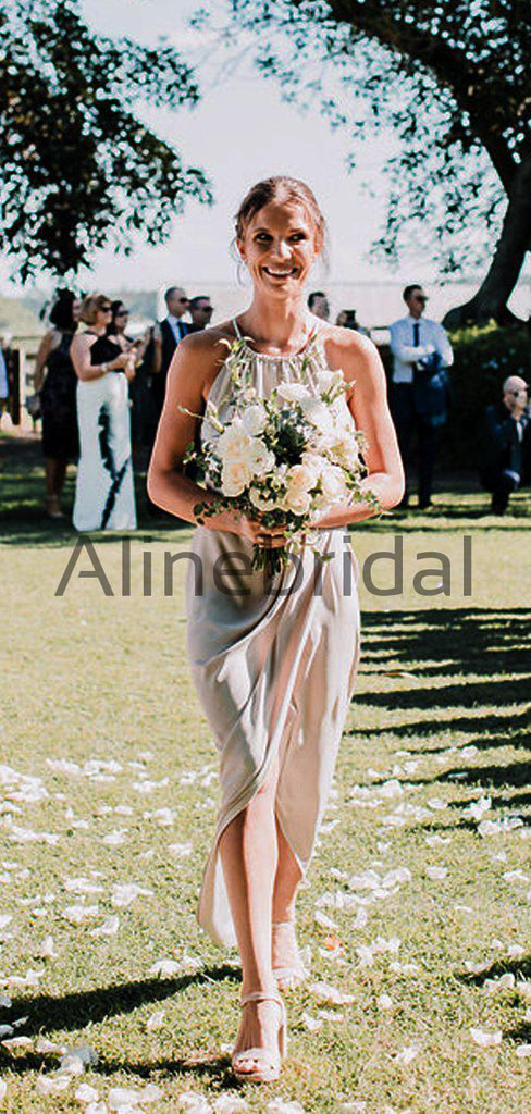 Light Grey Spaghetti Strap High Low Summer Wedding Bridesmaid Dresses , AB4108