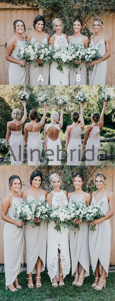 Light Grey Spaghetti Strap High Low Summer Wedding Bridesmaid Dresses, AB4108