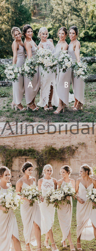 Light Grey Spaghetti Strap High Low Summer Wedding Bridesmaid Dresses, AB4108