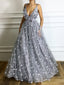 Light Grey Unique Lace Handmade Flowers V-neck Spaghetti Strap Prom Dresses ,PD00110