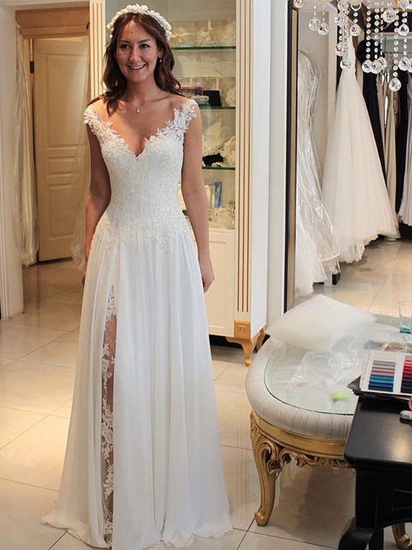 Light Ivory Lace Chiffon V neck A line Beach Wedding Dresses AB1555